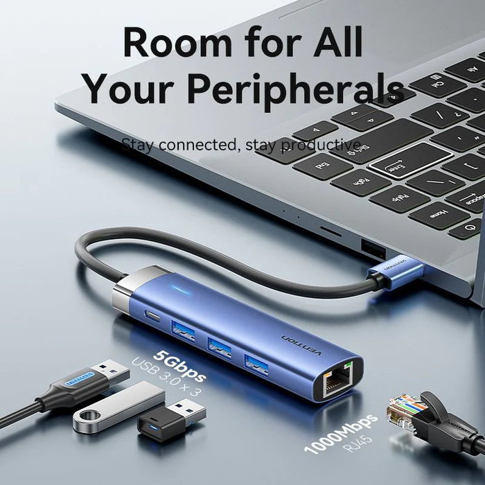 Vention Hub USB 3.0 TgfSb con 3 puertos USB, 1 RJ45 y 1 USB Tipo-C PD